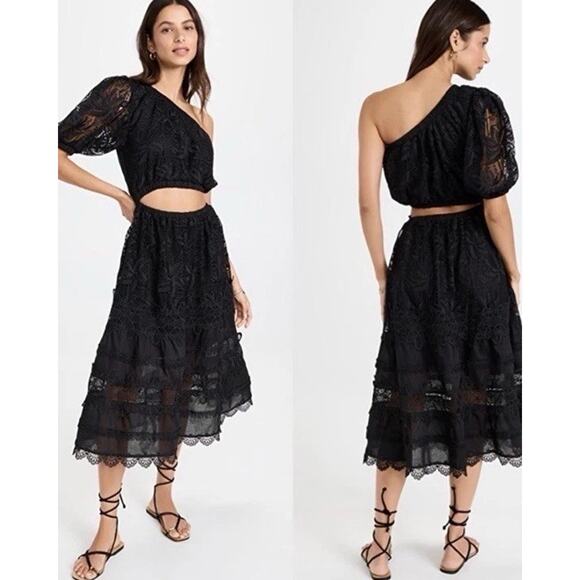 Waimari Jade Midi Dress S Black One Puff Shoulder Sheer Cutout Eyelet Lace NWT - Picture 3 of 16